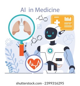 Ai integration. Artificial intelligence and human synergy. Health-focused neural network assistance and robotization of healthcare. AI diagnostic and treatment. Flat vector illustration