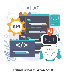 Ai integration. Artificial intelligence and human synergy. Neural network assistance and robotization of life. Self-learning computing system processing big data. Flat vector illustration