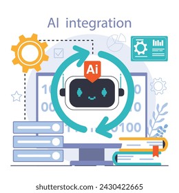 Ai integration. Artificial intelligence and human synergy. Neural network assistance and robotization of life. Self-learning computing system processing big data. Flat vector illustration