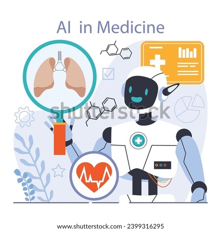 Ai integration. Artificial intelligence and human synergy. Health-focused neural network assistance and robotization of healthcare. AI diagnostic and treatment. Flat vector illustration
