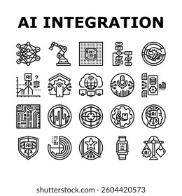 ai integration automation icons set vector. machine learning, deep learning, neural networks, robotics algorithms, bigdata ai integration automation black contour illustrations