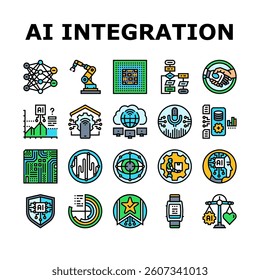 ai integration automation icons set vector. machine learning, deep learning, neural networks, robotics algorithms, bigdata ai integration automation color line illustrations