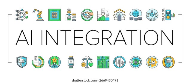 ai integração automatização ícones definir vetor. aprendizagem de máquina, aprendizagem profunda, redes neurais, algoritmos de robótica, dados grandes ai integração automação de cores ilustrações linha