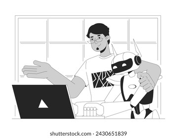 AI integration black and white cartoon flat illustration. Engineer teaching robot to develop software 2D lineart characters isolated. Machine learning technology monochrome scene vector outline image