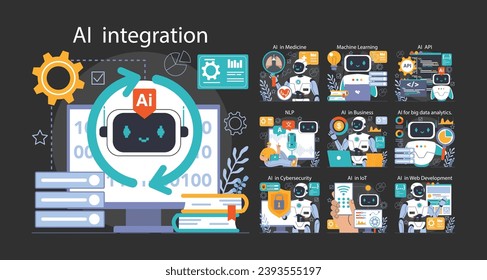 Integración de Ai oscuro o ajuste de modo nocturno. Inteligencia artificial, asistencia a la red neuronal y robarización de la vida. Sistema de computación de autoaprendizaje procesando grandes datos. Ilustración vectorial plana