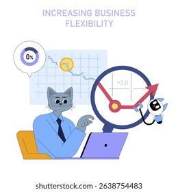 AI integration enhances adaptability in medium-sized businesses. The illustration displays a character analyzing data with advanced tools to drive efficiency and growth in operations. Vector