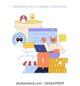 AI integration enhances operational efficiency for mid-sized managers. The illustration illustrates streamlined multi-channel management, focusing on data-driven decisions and optimized workflows.