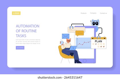 AI integration enhances workplace efficiency by automating routine tasks. This illustration showcases a character working with technology, representing productivity and innovation in modern workplaces