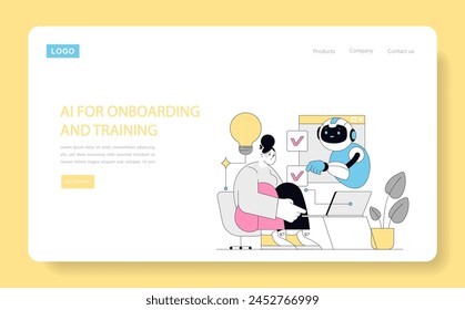 KI-Integration in HR für effizientes Onboarding und Training. Roboter unterstützt Mitarbeiter beim interaktiven Lernen. Verbesserung der Humanressourcen durch Technologie. Vektorillustration.