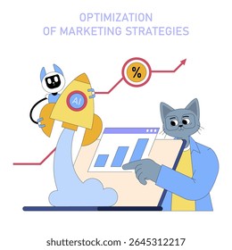 AI integration improves marketing strategies for medium-sized businesses. The illustration presents a character analyzing data on a laptop while a rocket symbolizes progress in marketing performance.