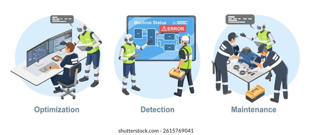 AI Integration in Industrial Operations Optimization Error Detection and Predictive Maintenance in a Smart Factory Environment isometric cartoon