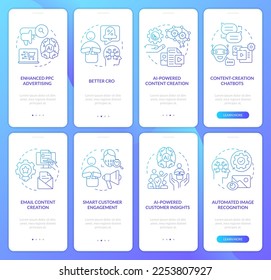 Integración de Ai en el conjunto de pantalla de aplicación móvil con gradiente azul de marketing. Recorrido 4 pasos instrucciones gráficas con conceptos lineales. UI, UX, plantilla GUI. Multitud de tipos de letra Pro-Bold, con uso regular
