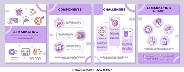 AI Integration In Marketing Purple Brochure Template. Business. Leaflet Design With Linear Icons. Editable 4 Vector Layouts For Presentation, Annual Reports. Arial-Black, Myriad Pro-Regular Fonts Used