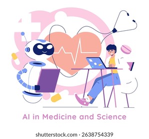 AI integration in medicine enhances research and patient care. This illustration depicts a friendly robot assisting a scientist at a desk, symbolizing collaboration in healthcare advancements and