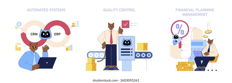 AI integration in medium-sized business processes. Illustrates automated systems, quality control, and financial planning management. Presents tools optimizing efficiency and productivity. Vector