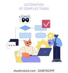 La integración de la IA en procesos empresariales de tamaño Mediano fomenta la eficacia mediante la automatización de tareas complejas. La ilustración muestra personajes que se involucran con la tecnología, destacando la interacción y el flujo de trabajo