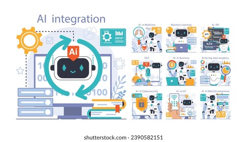 Ai integration set. Artificial intelligence and human synergy. Neural network assistance and robotization of life. Self-learning computing system processing big data. Flat vector illustration