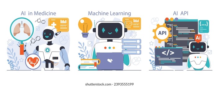 Ai integration set. Artificial intelligence and human synergy. Neural network assistance and robotization of life. Self-learning computing system processing big data. Flat vector illustration