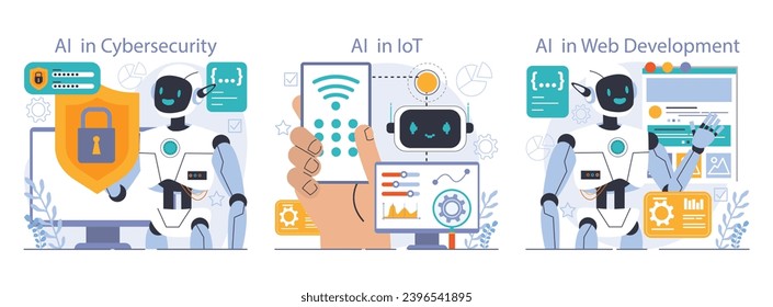 Ai integration set. Artificial intelligence and human synergy. Neural network assistance and robotization of life. Self-learning computing system processing big data. Flat vector illustration