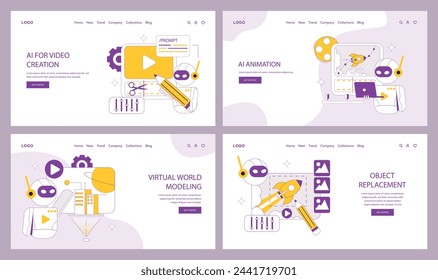 AI Integration Set. Streamlining video production, animating digital elements, reshaping virtual environments, refining object placement. User-centric design interfaces. Vector illustration.