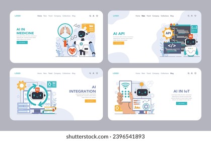 Ai integration web or landing set. Artificial intelligence, neural network assistance and robotization of life. Self-learning computing system processing big data. Flat vector illustration