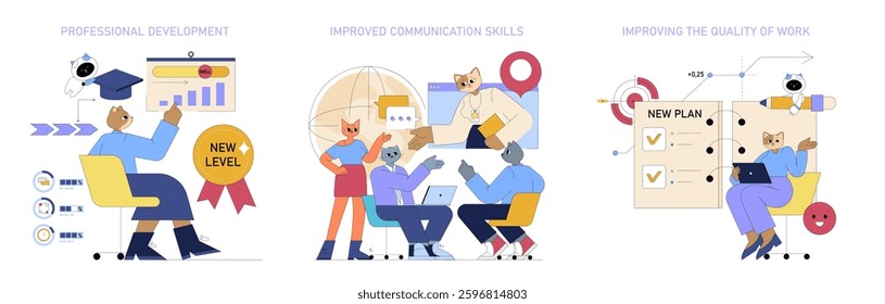 AI integration in the workplace enhances professional growth, communication, and work quality. Visual representation of collaboration and technology shaping modern work environments. Vector