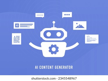 AI Interactive Content Generator concept. AI Social Media Automation for SEO articles, programming code, ai creation text, pictures and advertising for social media and smm content marketing