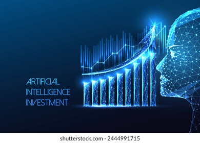 Concepto futurista de la inversión de la IA con la cara de la IA y la tabla de crecimiento en estilo poligonal brillante sobre fondo azul oscuro. Tecnologías innovadoras para el futuro empresarial. Ilustración vectorial de diseño abstracto moderno