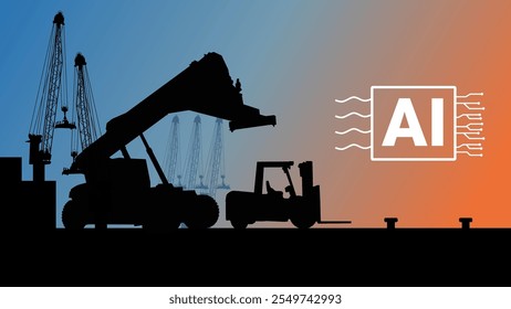 AI Involvement in the Port and Material Handling Sector. Vector Silhouette of Port Machinery with Harbour crane Background. The Role of Future Technology in the Logistics Industry.