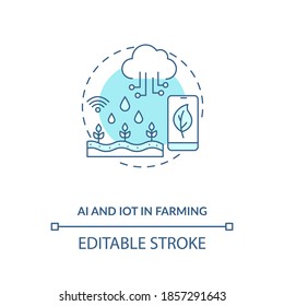 AI and IoT in farming concept icon. Agriculture innovational creations. Technologies for organic food growing idea thin line illustration. Vector isolated outline RGB color drawing. Editable stroke