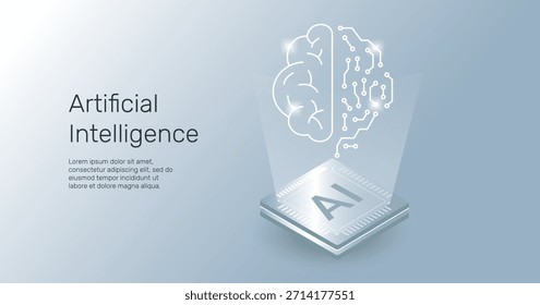 Chip isométrico de IA con circuito cerebral, Anuncio de Vector isométrico para IA, Aprendizaje profundo, Aprendizaje automático y conceptos cerebrales digitales tecnológicos, Anuncio isométrico