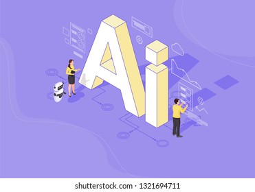 AI isometric color vector illustration. Artificial intelligence infographic. Client use chat bot. Website assistance. Teacherbot. Future marketing. Technical support. Webpage, mobile app 3d concept