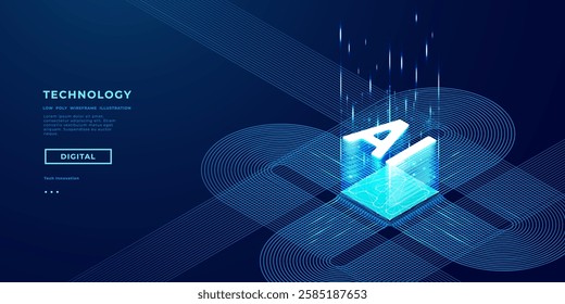 AI isometric futuristic chip with electric circuit wires on technology background. Artificial Intelligence hologram logo on light glowing semiconductor. Tech bg. Data flow. Vector illustration.