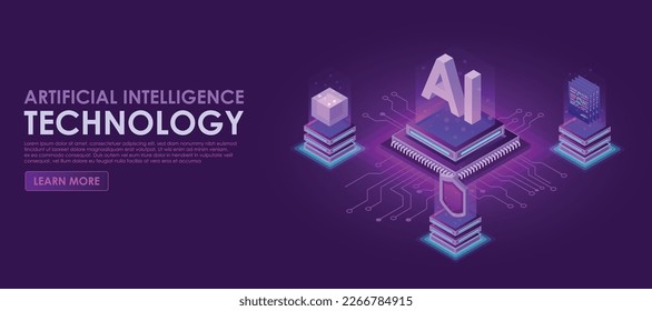 AI isometric typographic and digital ,protect,blockchain concept vector illustrator,Artificial intelligence CPU on circuit board.