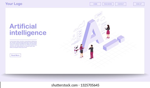 AI isometric web page vector template with isometric illustration. Artificial intelligence infographic. Website interface design. Client use chat bot. Technical support. Webpage, mobile app 3d concept