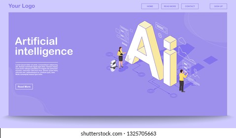 AI isometric web page vector template with isometric illustration. Artificial intelligence infographic. Website interface design. Client use chat bot. Technical support. Webpage, mobile app 3d concept