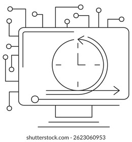 AI iteration icon: computer screen with clock and circular arrows for training cycles, connected circuit lines for tech processes. Vector pictogram, thin black lines, transparent background, editable 