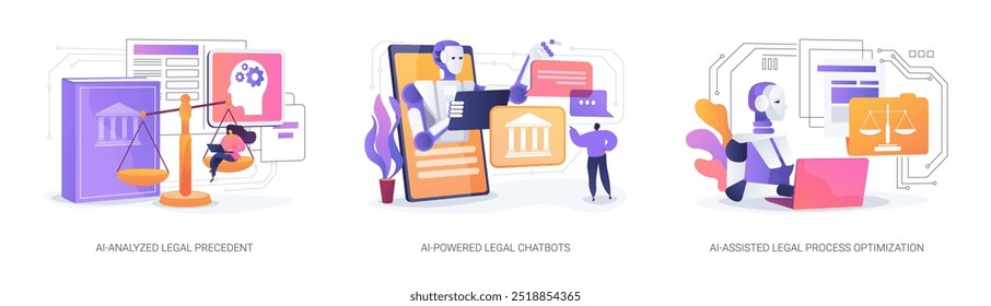 AI en la jurisprudencia concepto abstracto conjunto de Ilustraciones vectoriales. Precedente legal analizado por IA, chatbots legales impulsados por IA, optimización de procesos legales asistida por IA, metáfora abstracta de gestión del conocimiento.