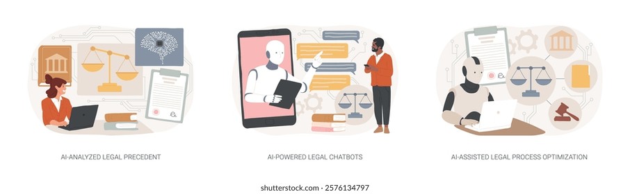 AI in jurisprudence abstract concept vector illustration set. AI-Analyzed Legal Precedent, AI-Powered Legal Chatbots, AI-Assisted Legal Process Optimization, knowledge management abstract metaphor.