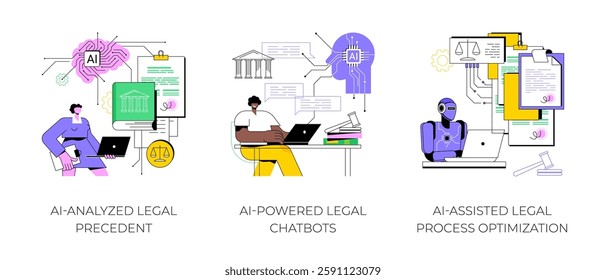 AI in jurisprudence abstract concept vector illustration set. AI-Analyzed Legal Precedent, AI-Powered Legal Chatbots, AI-Assisted Legal Process Optimization, knowledge management abstract metaphor.