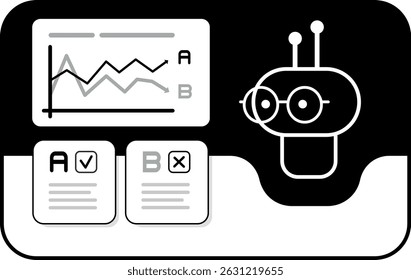 Gráfico vetorial de um chatbot de IA comparando dois gráficos de barras. Ideal para visualização de dados, painéis técnicos, estatísticas e layouts de interface digital. Layout horizontal.