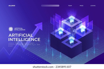 AI landing page (Artificial Intelligence), Deep learning machine learning AI, Technological digital brain concept, Isometric vector