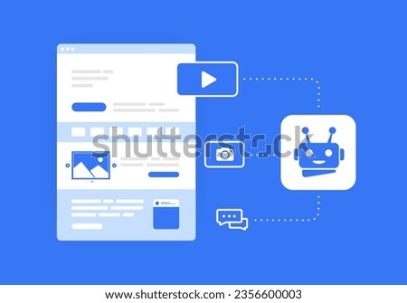 AI Landing Page Builder Generation Tools concept. Create website with no-code web design ai generator. Web Content Ai agent vector illustration isolated on blue background with icons