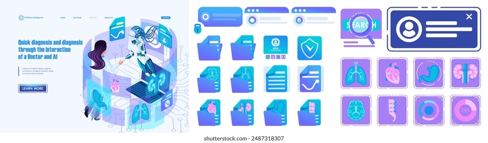 AI Landing page Isométrico. Diagnóstico rápido y diagnóstico a través de la interacción de un médico e inteligencia artificial. Página Proyectos del Sitio web médico y set iconos