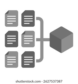 AI Language Model Icon. Multiple text documents feeding into a model block representing large language model training, NLP data input, and text processing AI.