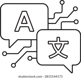 AI language translation concept line art vector illustration with speech bubbles, letter A, Chinese character and circuit lines