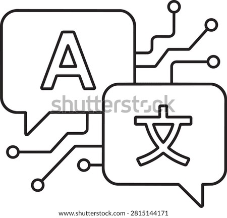 AI language translation concept line art vector illustration with speech bubbles, letter A, Chinese character and circuit lines