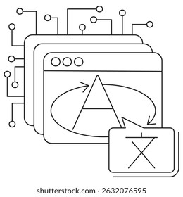 AI language translation icon. Vector pictogram with thin black lines on transparent background. Editable stroke thickness. Perfect for translation systems, multilingual apps, and AI tools