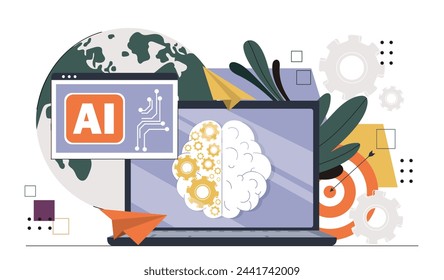 AI at laptop concept. Artificial intelligence and machine learning. Chatbot and virtual assistant and helper. Modern technologies and innovations. Cartoon flat vector illustration