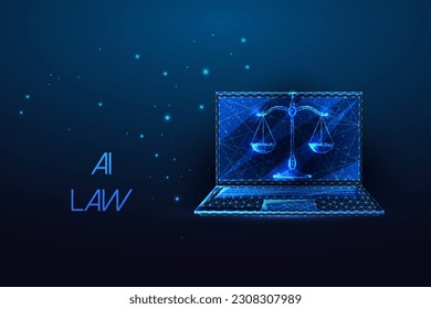 Ley de IA, ética legal, acceso a la justicia, concepto futurista de ciberseguridad con laptop y escalas en un brillante estilo poligonal bajo con fondo azul oscuro. Ilustración vectorial de diseño abstracto moderna.